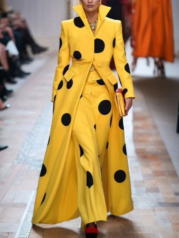 Yellow Winter Clothing - Gymystars 폴카 도트 울 코트 여성용