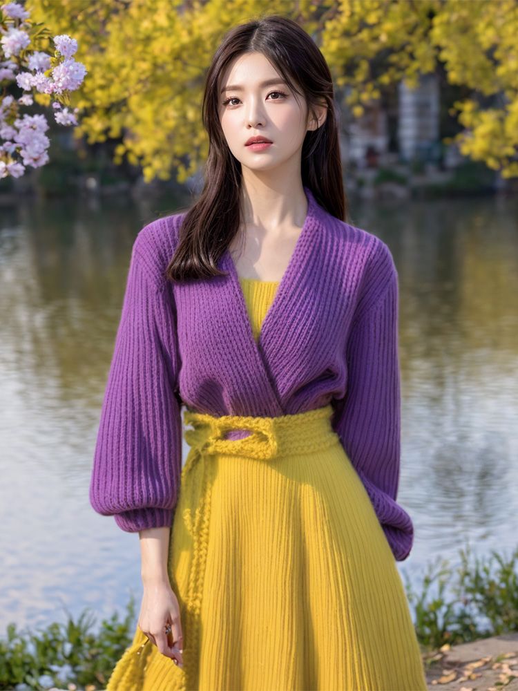 보라색 스플라이싱 옐로우 발목 길이 스웨터 원피스, 가 - Yellow Winter Clothing 리뷰 및 가격